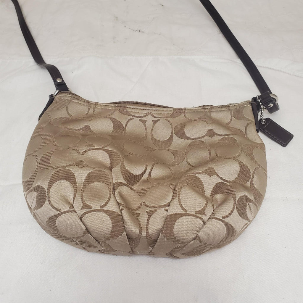 Vintage COACH Wristlet Khaki Brown Purse Leather Trim with Coach ID tag