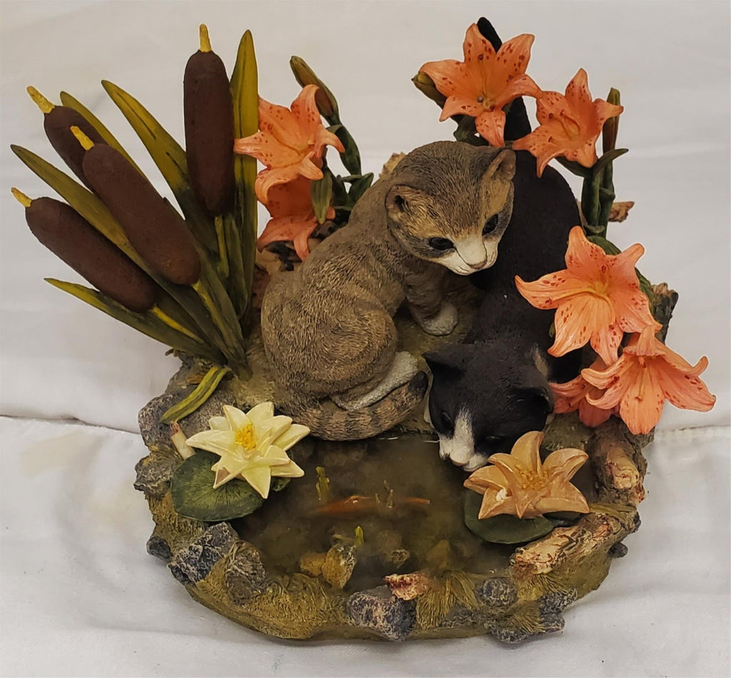 Lenox 2001 Afternoon Amazement Resin Cat Figurine Black & Gray Cats by Fish Pond