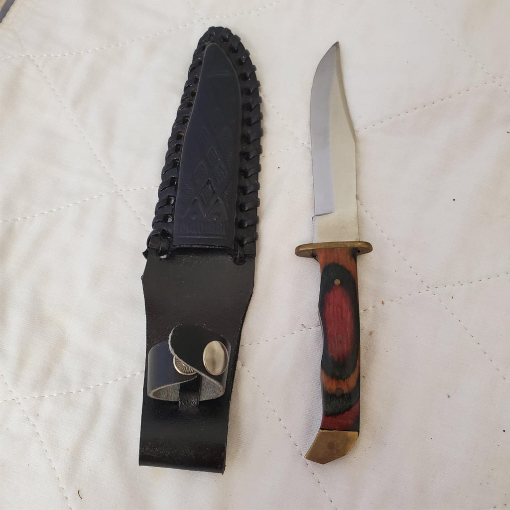 Fixed Hunting Knife Wood Layered Handle Leather Sheath
