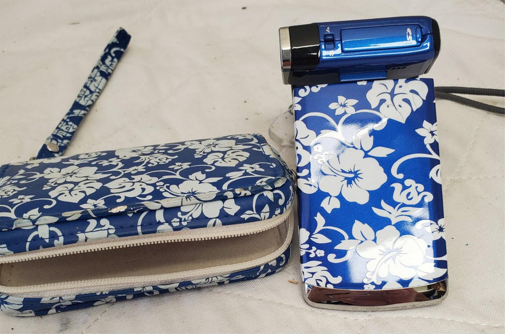 DXG 5-COV HD 5MP Pocket Camcorder in Hibiscus Blue Print with Bag