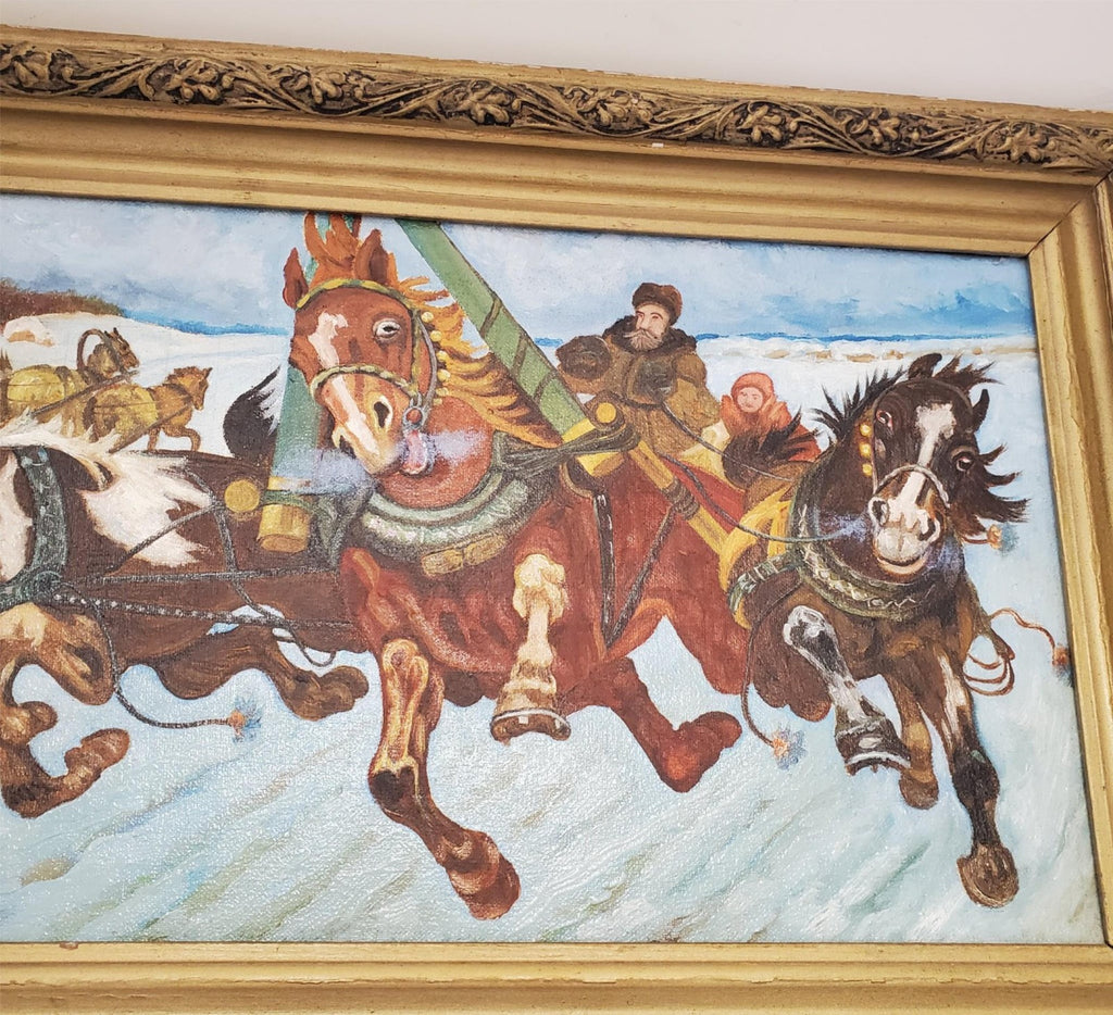Vintage Winter Horse Sleigh Painting in Ornate Gold Frame