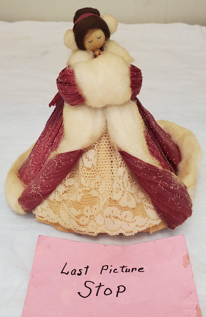 Vintage Handmade Red Velvet Doll w/ Lace & Fur Trim Coat Collector Figurine