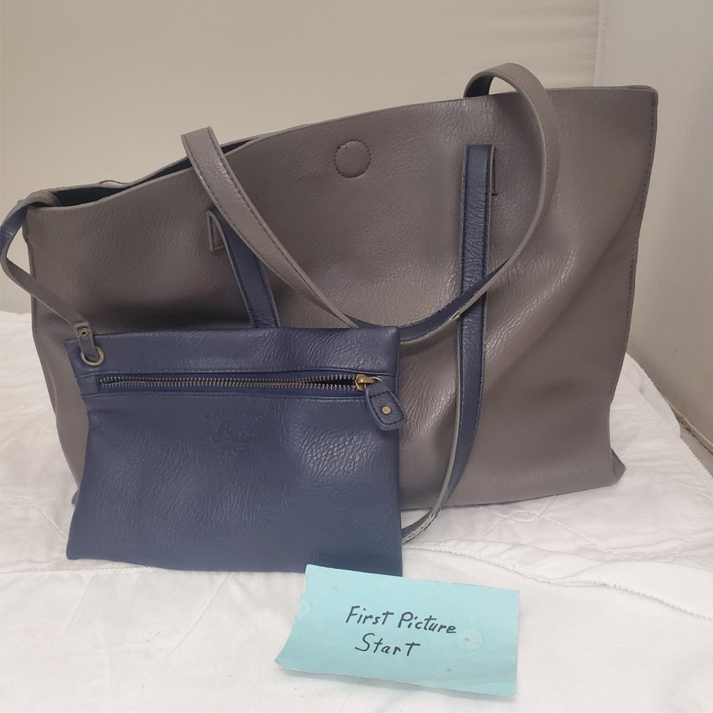 G.H. BASS & CO. Gool Grey & Navy Blue Large Tote Bag with Attached Inside Zipper