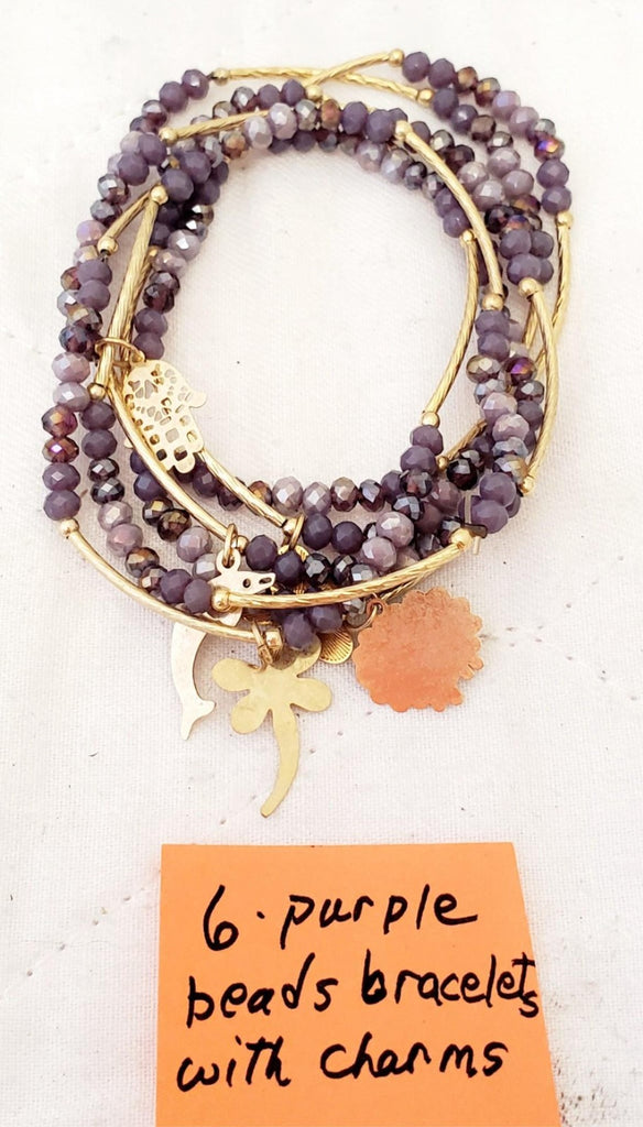 Lot of 6 Purple Beads Bracelet with Charms