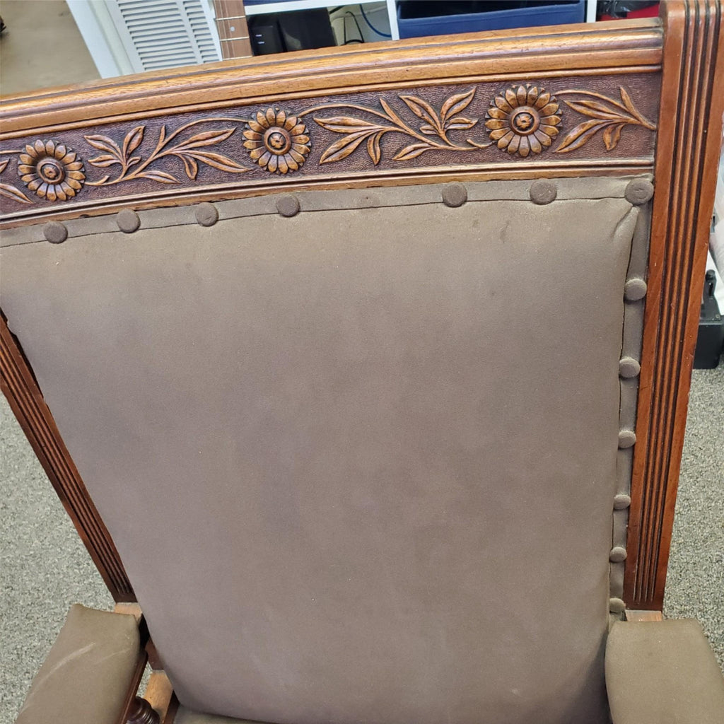 Antique Ornately Carved Wood Framed Fabric Victorian Throne Armchair