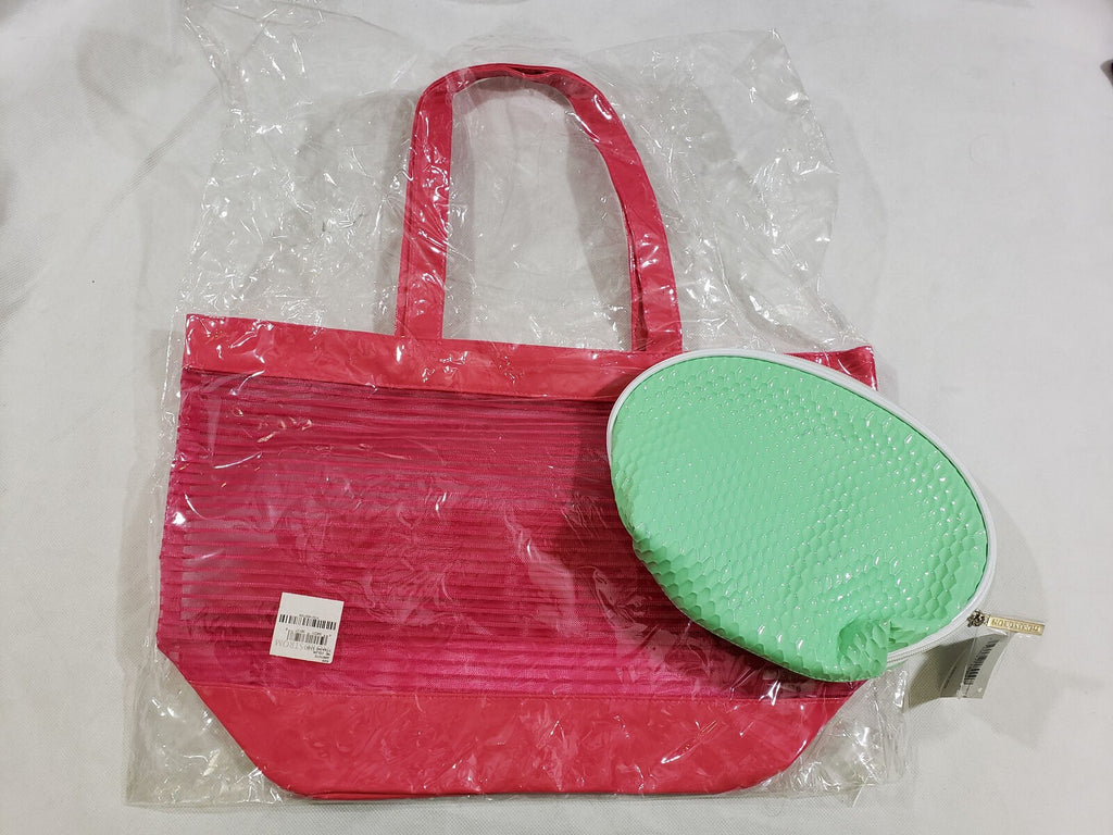 Nordstrom Glossy Seafoam Green Cosmetic Bag Tote Shoulder Bag Pink & Clear Mesh