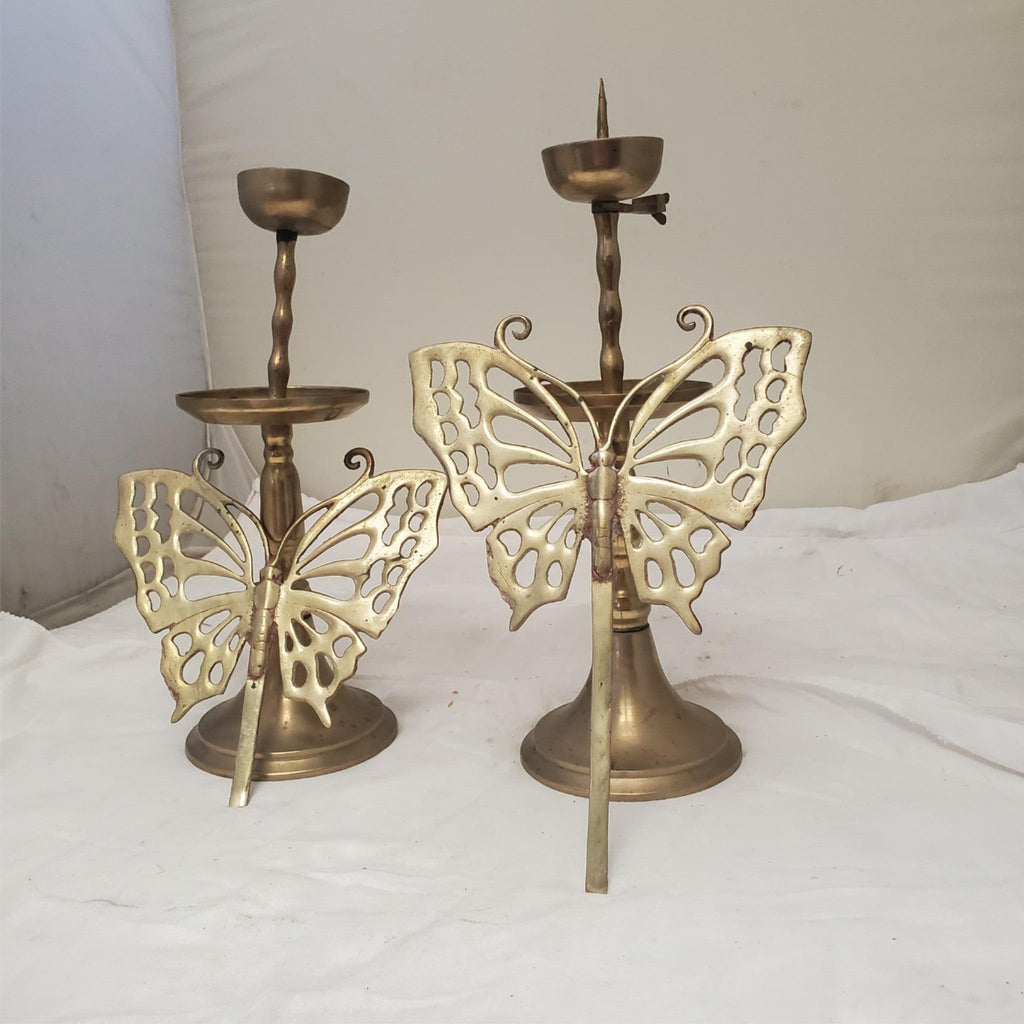 Vintage Asian Brass Candlestick Holder With Butterfly Screen Reflector 21” Tall
