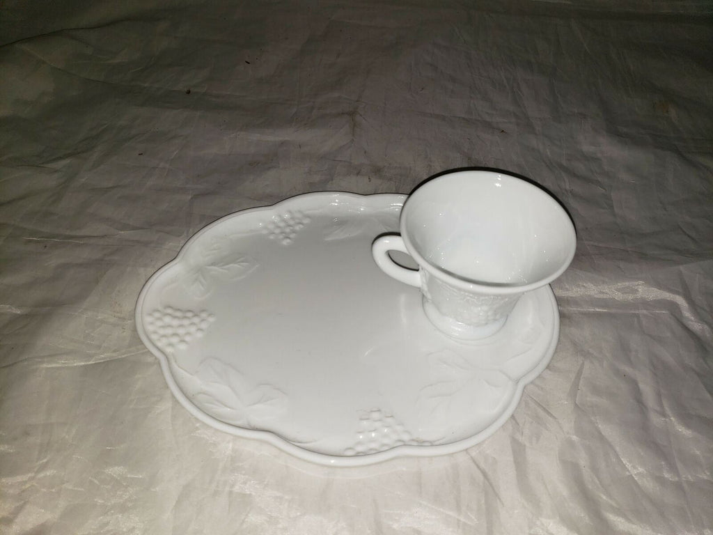 White Milk Glass Snack Luncheon Plate and Cup With Grape Pattern