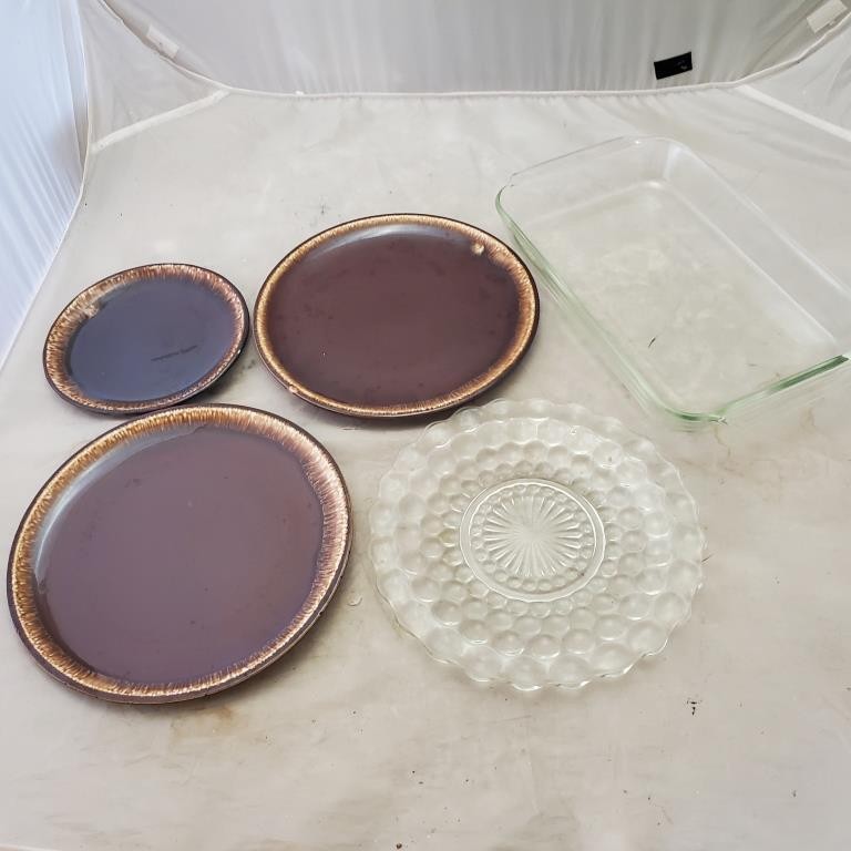 Hull Oven Proof Brown Drip Glaze Plate, Glass Bubble Design Plates & Baking Dish