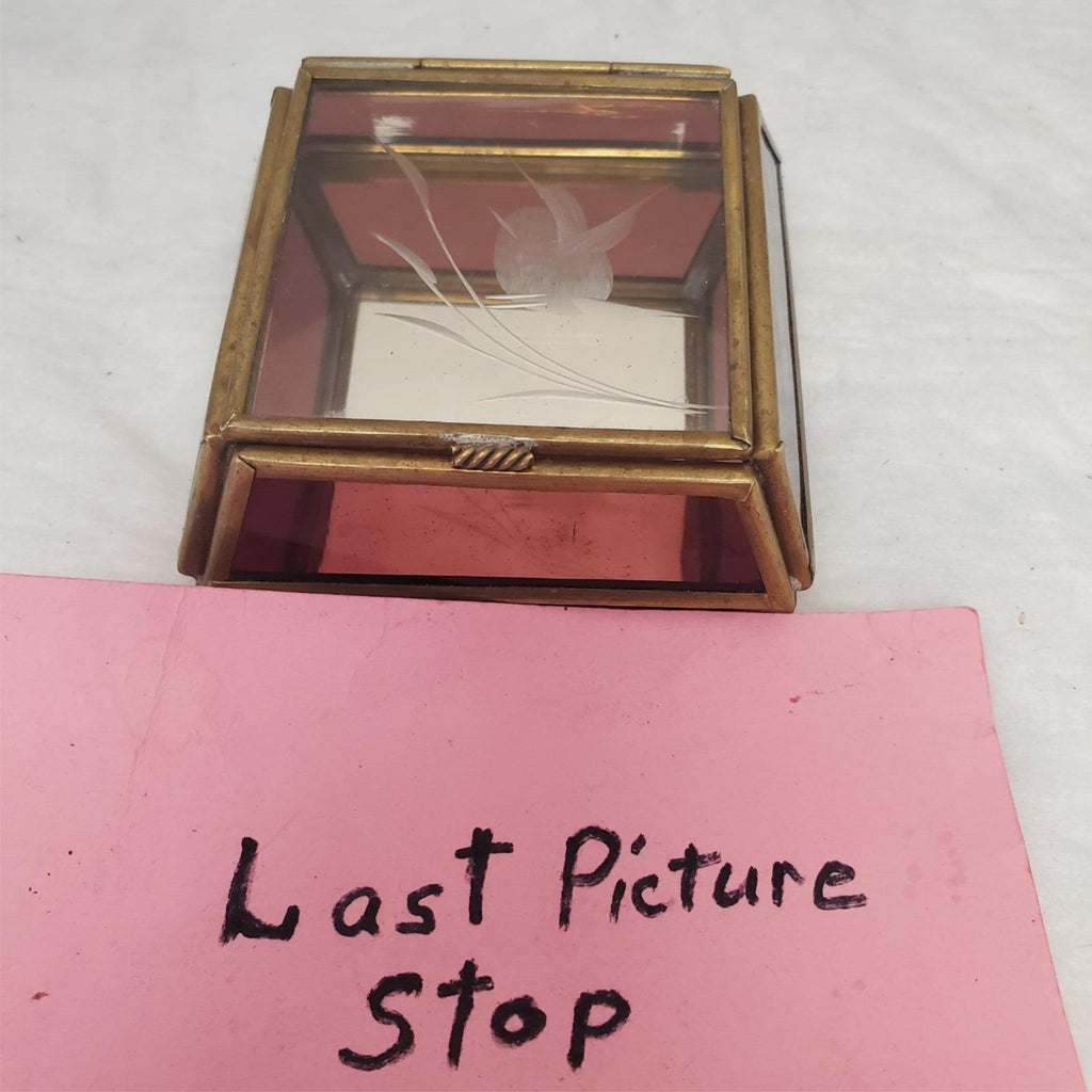 Vintage Glass & Brass Casket Shape Trinket Box Etched Flower