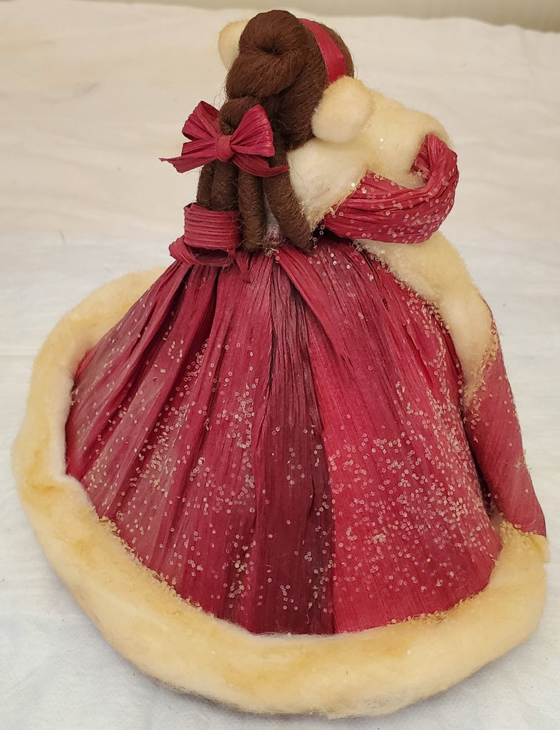 Vintage Handmade Red Velvet Doll w/ Lace & Fur Trim Coat Collector Figurine