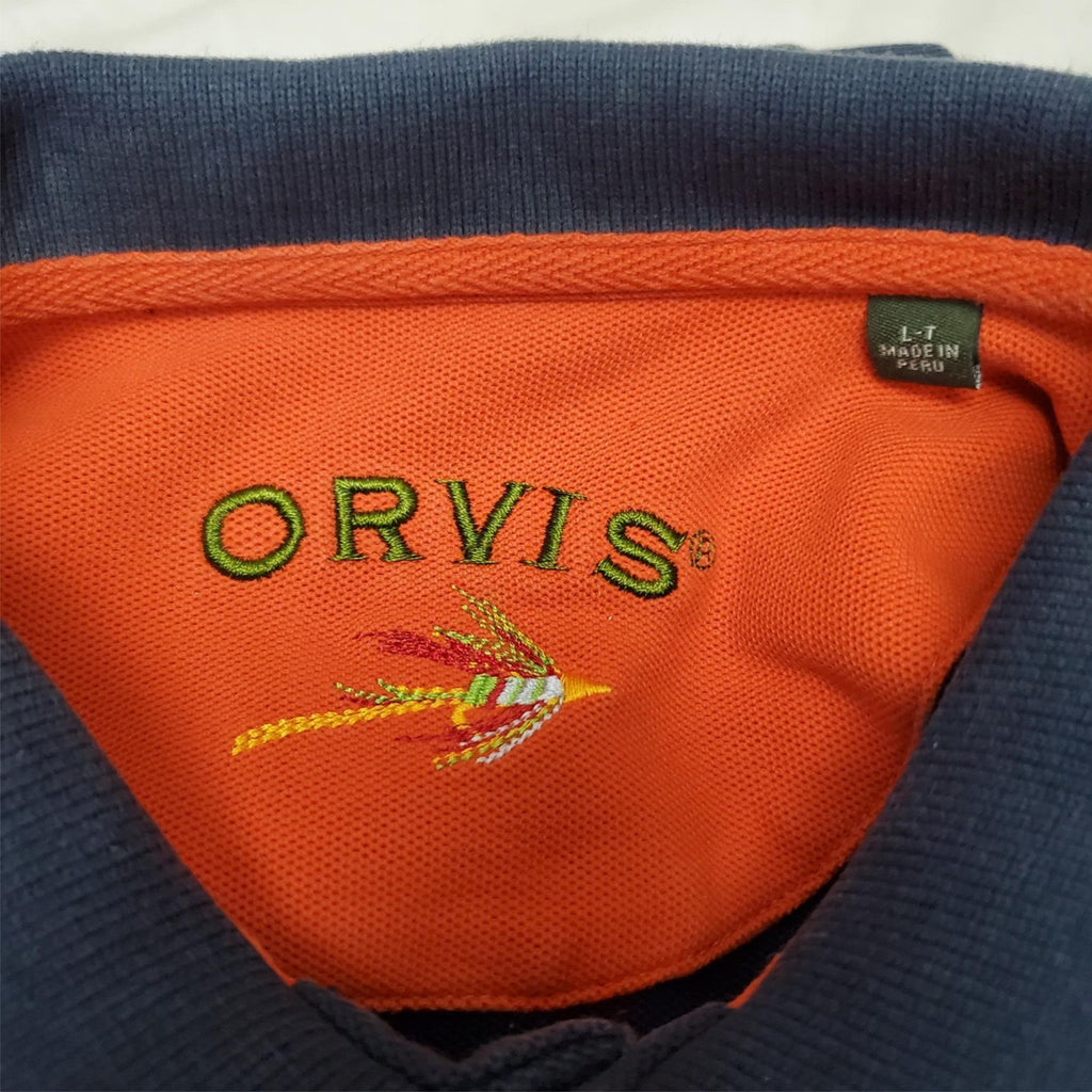 Orvis Men's Blue Short Sleeve Size L-T Polo Shirt with Orange Collar