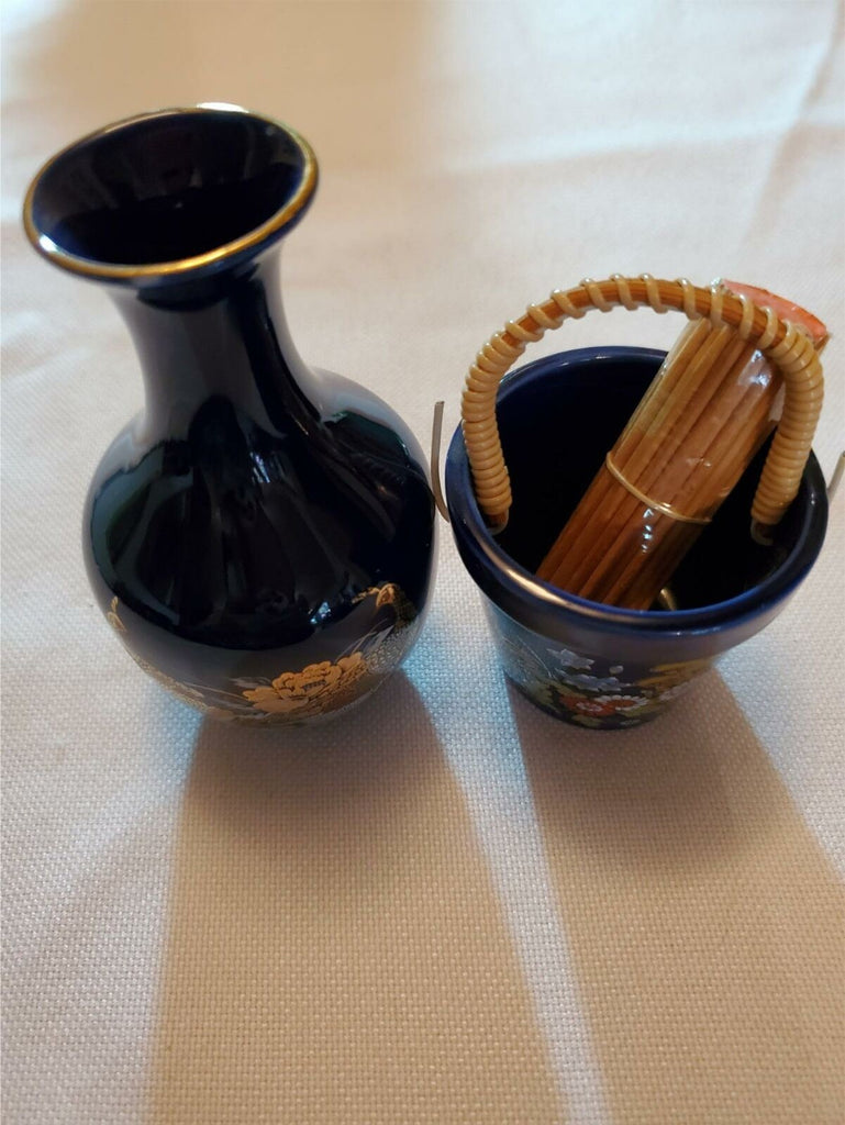 Vintage China Dragonware Toothpick Holder and Vase Set - Blue