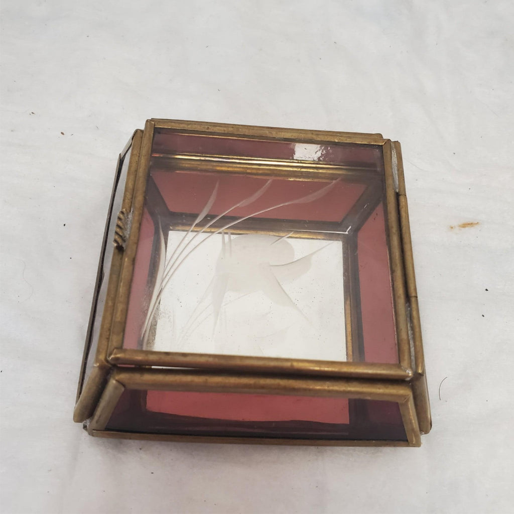 Vintage Glass & Brass Casket Shape Trinket Box Etched Flower