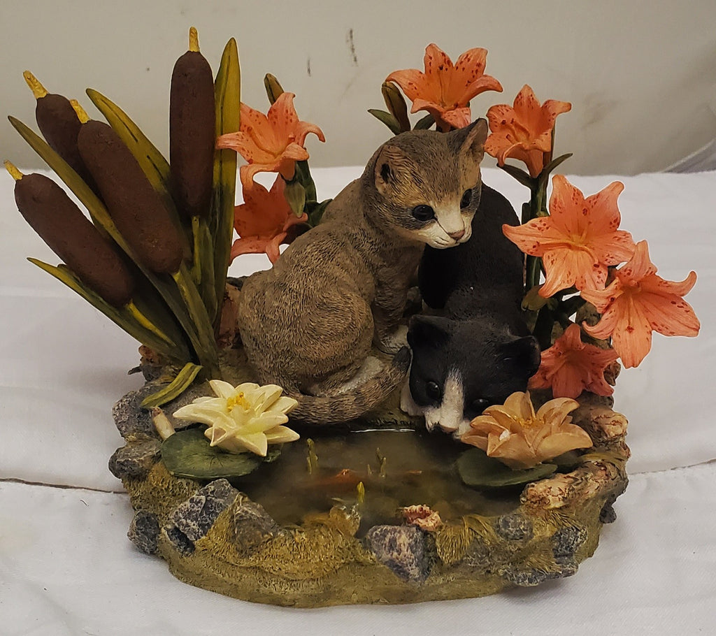 Lenox 2001 Afternoon Amazement Resin Cat Figurine Black & Gray Cats by Fish Pond
