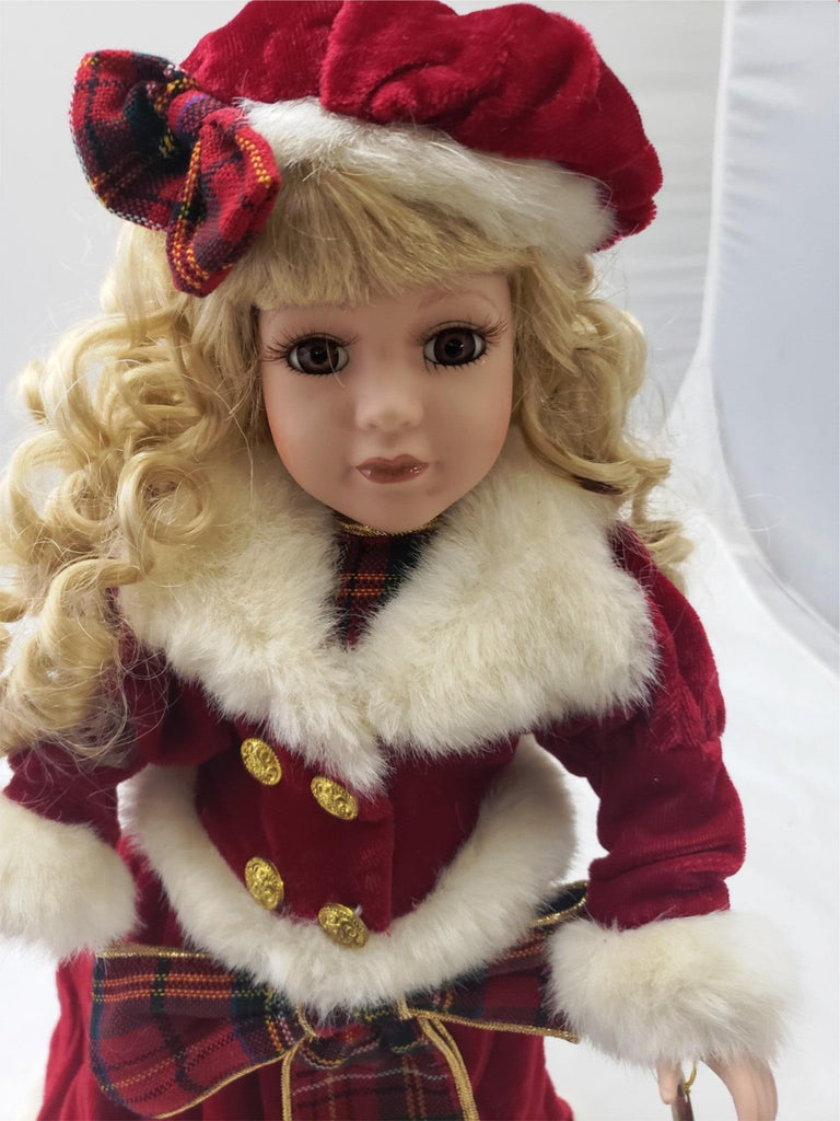 Vintage Original Christmas Blessings Porcelain Praying Doll Red Dress Hat