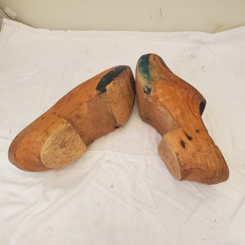 2 Antique Hand Painted Wooden Clogs Shoes Souvenir Antwerp Primitive Rustic 