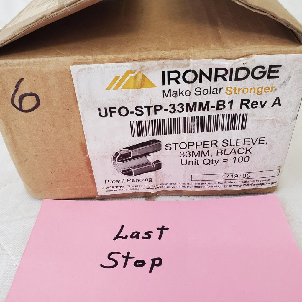 Lot of 100 IronRidge Stopper Sleeves Black UFO-STP-33mm-B1 Rev A