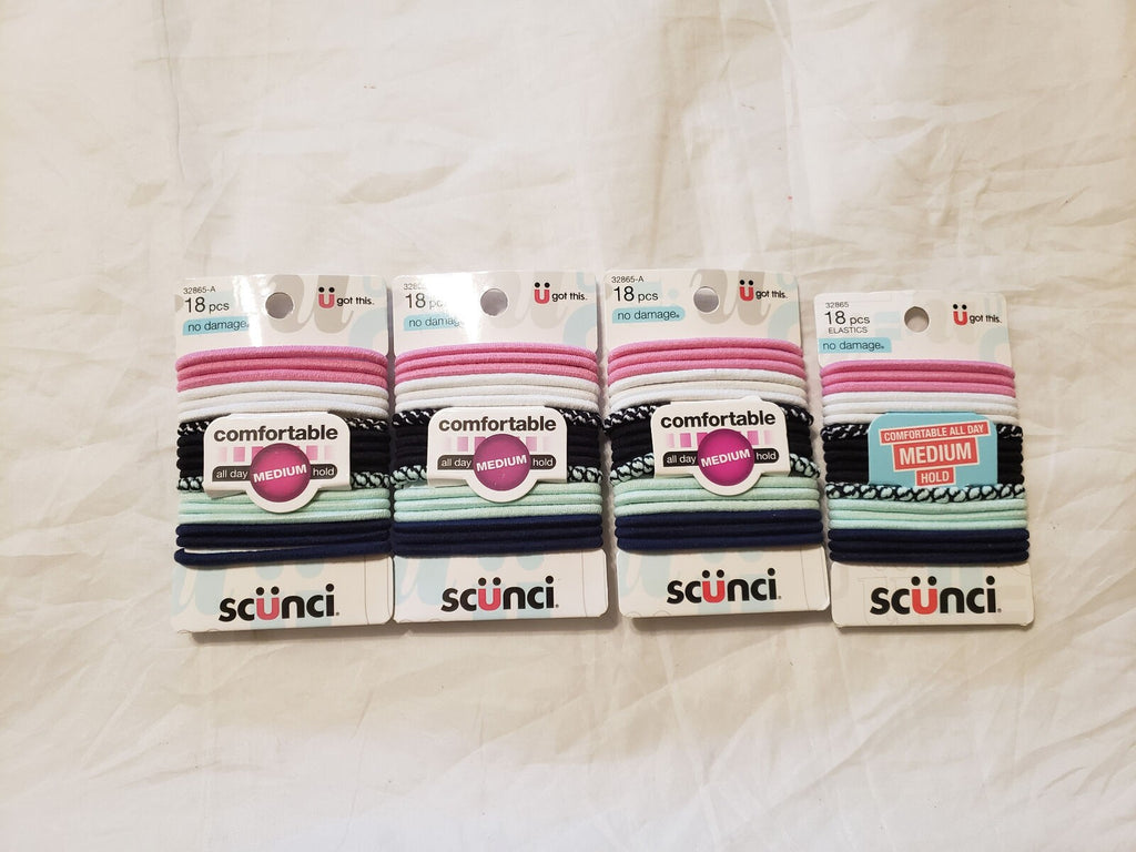 4 x 18 piece (72) Scunci Comfortable All Day Medium Hold No-Damage Hair Elastics