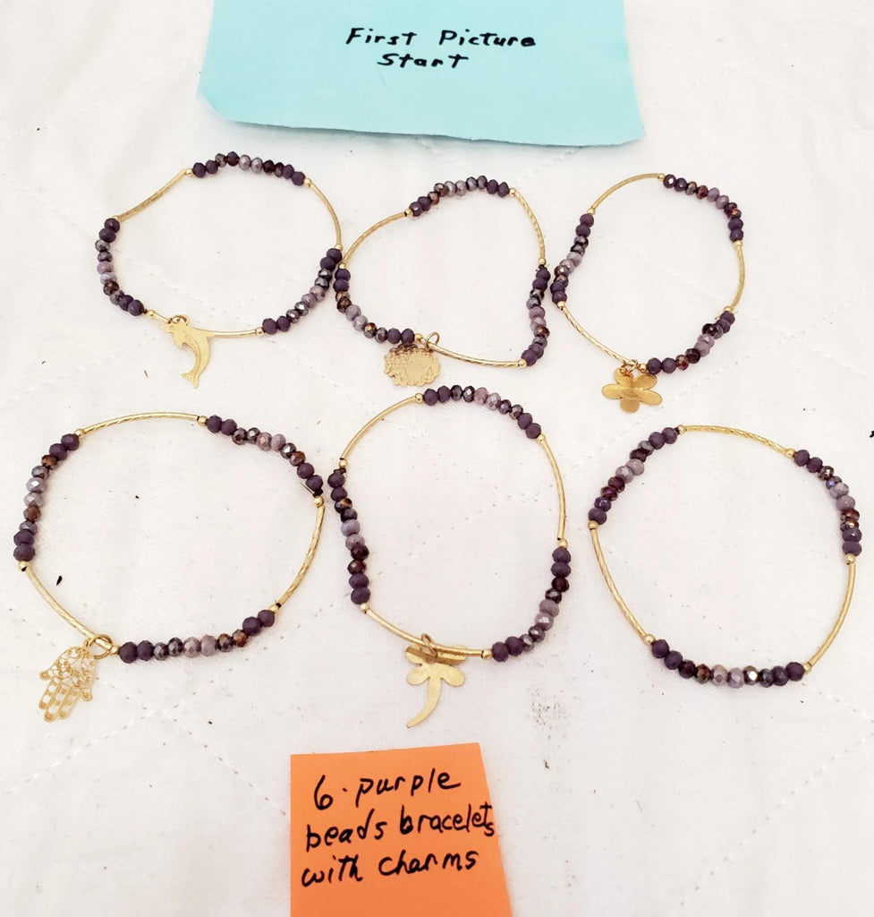 Lot of 6 Purple Beads Bracelet with Charms