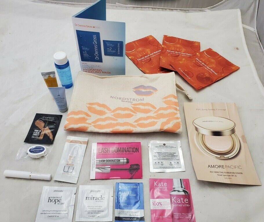 Nordstrom Beauty Cosmetic Makeup Bag and Mascara, Moisturizer, Serum Sample Set