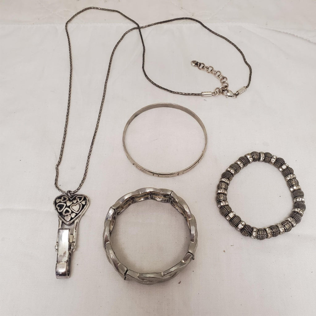 Brighton Floating Hearts Badge Clip Necklace, Silver Textured Curb Link Bracelet