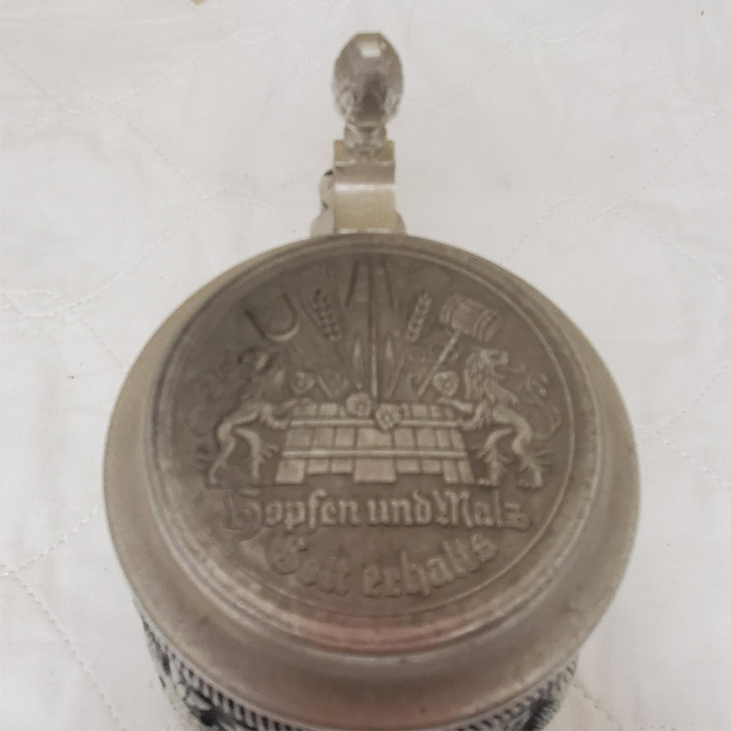 Handcrafted German Hopfen Und Malz Traditional Ceramic Beer Stein with Lid