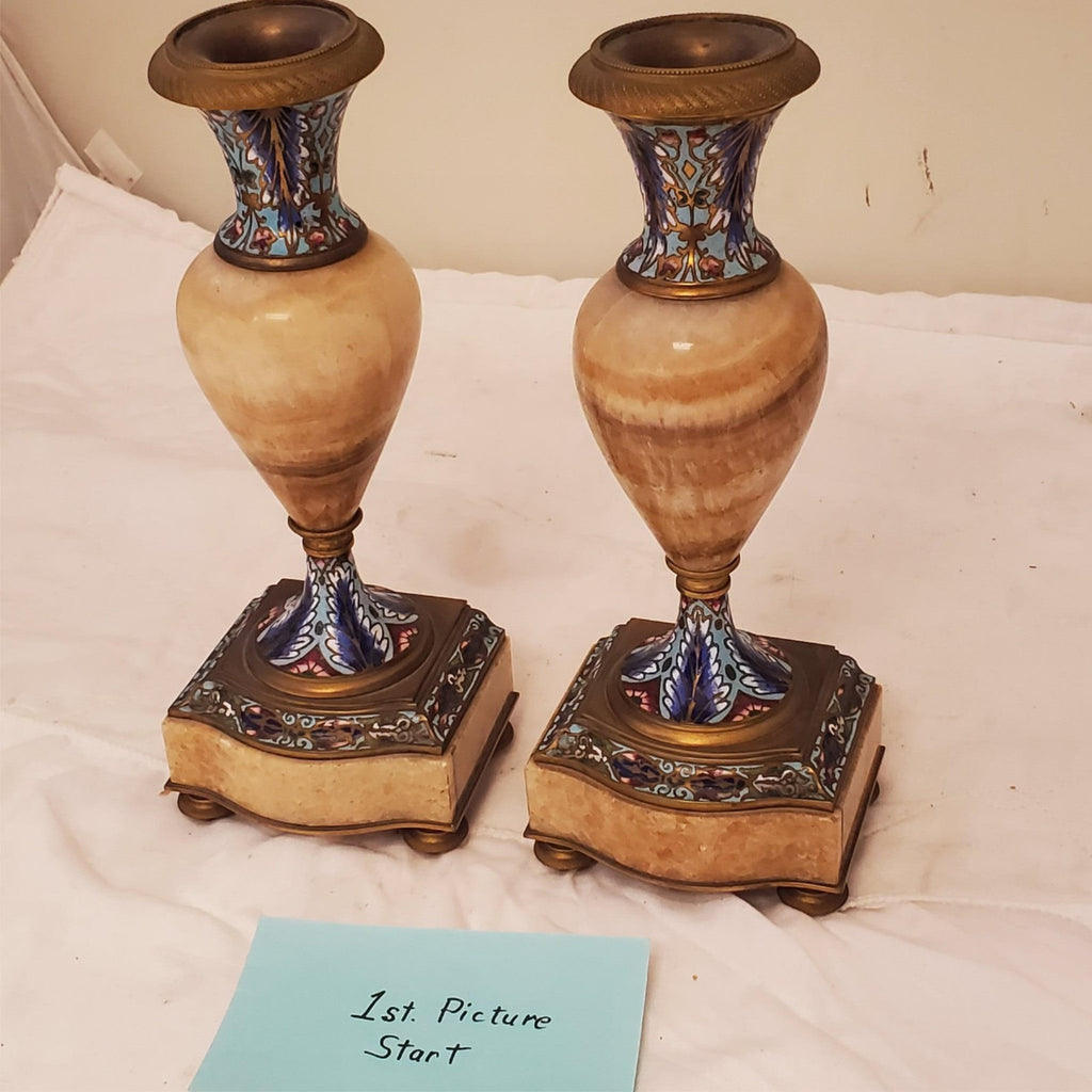 Antique French Champleve Enamel Brass Candle Holders Pair Ornate 6 1/8" Tall