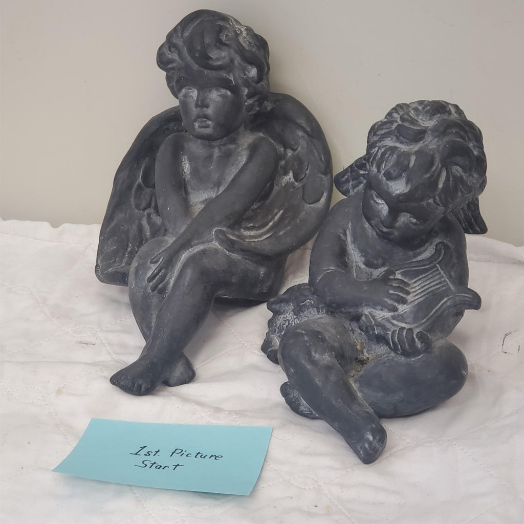 Pair of Black Angel Figurines Harp & Seated Cherub Statues